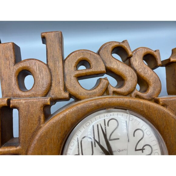 Vtg Burwood 80s Wall Clock Faux Wood "Bless This House" Quartz Movement - Picture 4 of 10